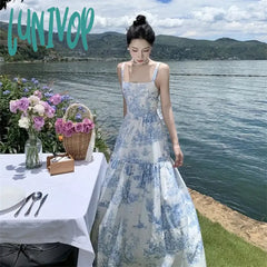 Lunivop Women Chinese Blue Floral Slip Dress Summer 2024 Bow Tie Elegant Casual Straps Vacation