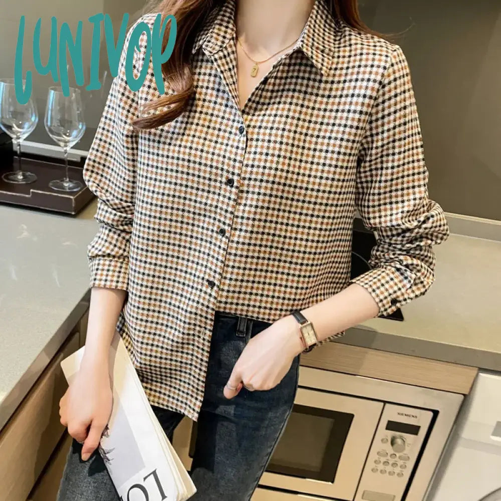 Lunivop Women Clothes Simple Basic Plaid Casual Shirt Top Spring Autumn Long Sleeve Fashion Daily