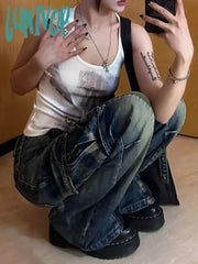 Lunivop Women Dark Academia American Vintage Fashion Grunge Wide Leg Jean Harajuku Trashy Y2K