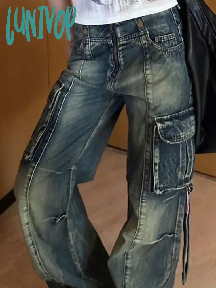 Lunivop Women Dark Academia American Vintage Fashion Grunge Wide Leg Jean Harajuku Trashy Y2K
