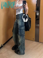 Lunivop Women Dark Academia American Vintage Fashion Grunge Wide Leg Jean Harajuku Trashy Y2K