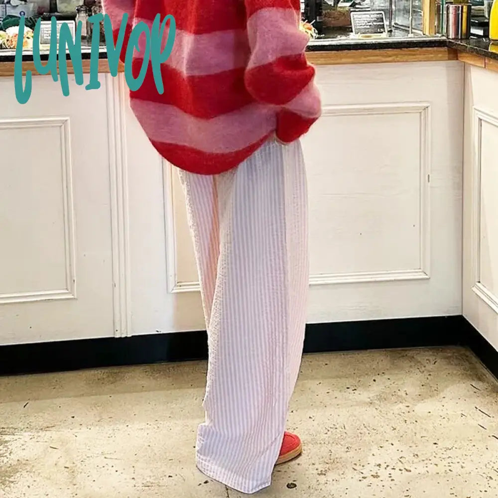 Lunivop Women Drawstring Waistband Loose Wide Leg Pants Striped Print Long Baggy Casual Lounge