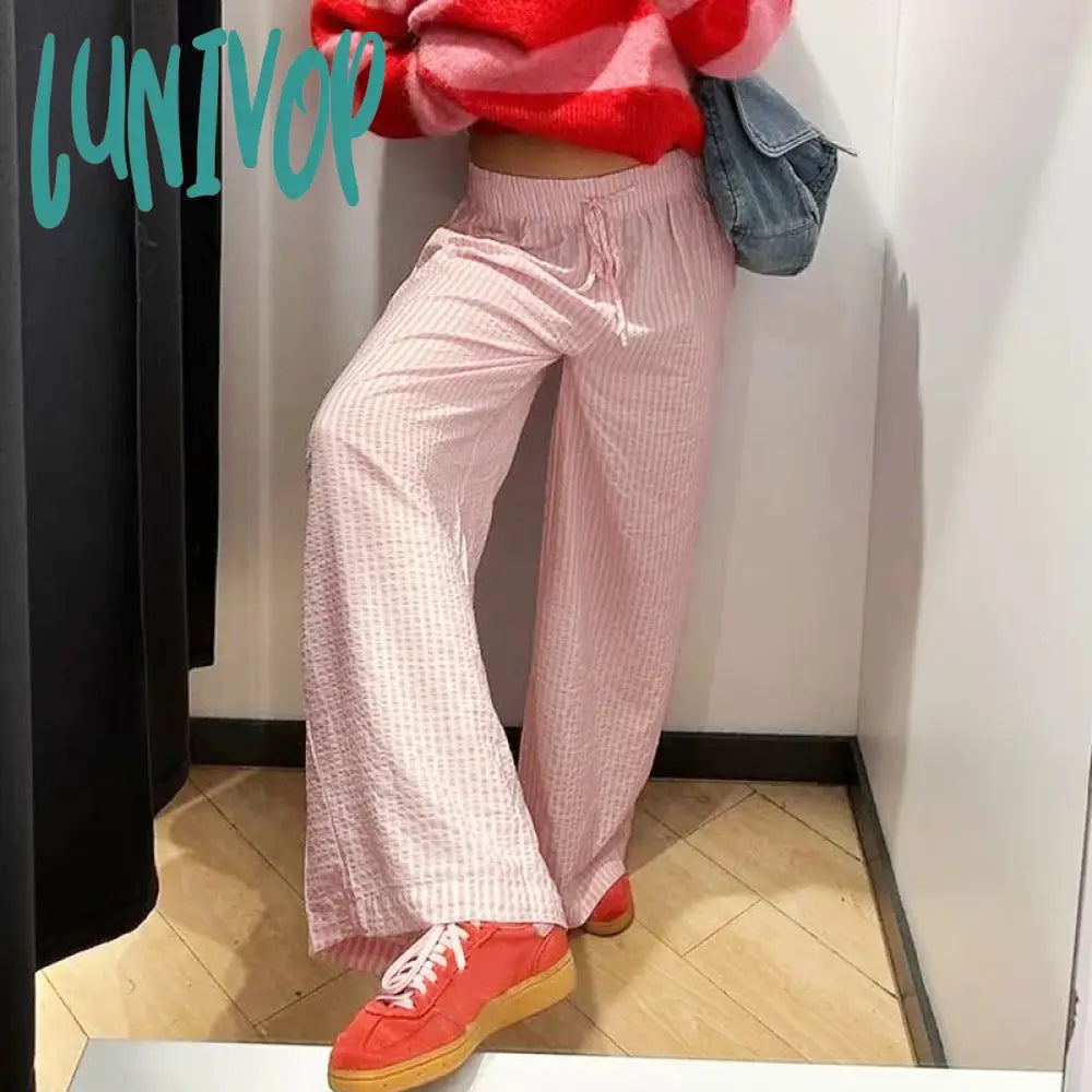 Lunivop Women Drawstring Waistband Loose Wide Leg Pants Striped Print Long Baggy Casual Lounge