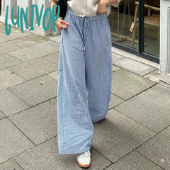 Lunivop Women Drawstring Waistband Loose Wide Leg Pants Striped Print Long Baggy Casual Lounge