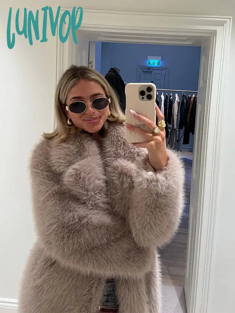 Lunivop Women Elegant Fashion Solid Long Faux Fur Coat Casual Wide-Lapel Sleeve Thick Plush Jacket