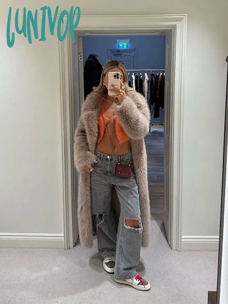 Lunivop Women Elegant Fashion Solid Long Faux Fur Coat Casual Wide-Lapel Sleeve Thick Plush Jacket