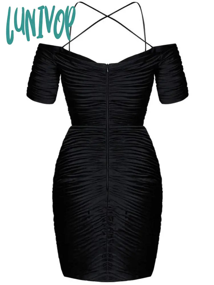 Lunivop Women Elegant High Quality Sexy Off The Shoulder Ruched Satin Short Sleeve Backless Cutout
