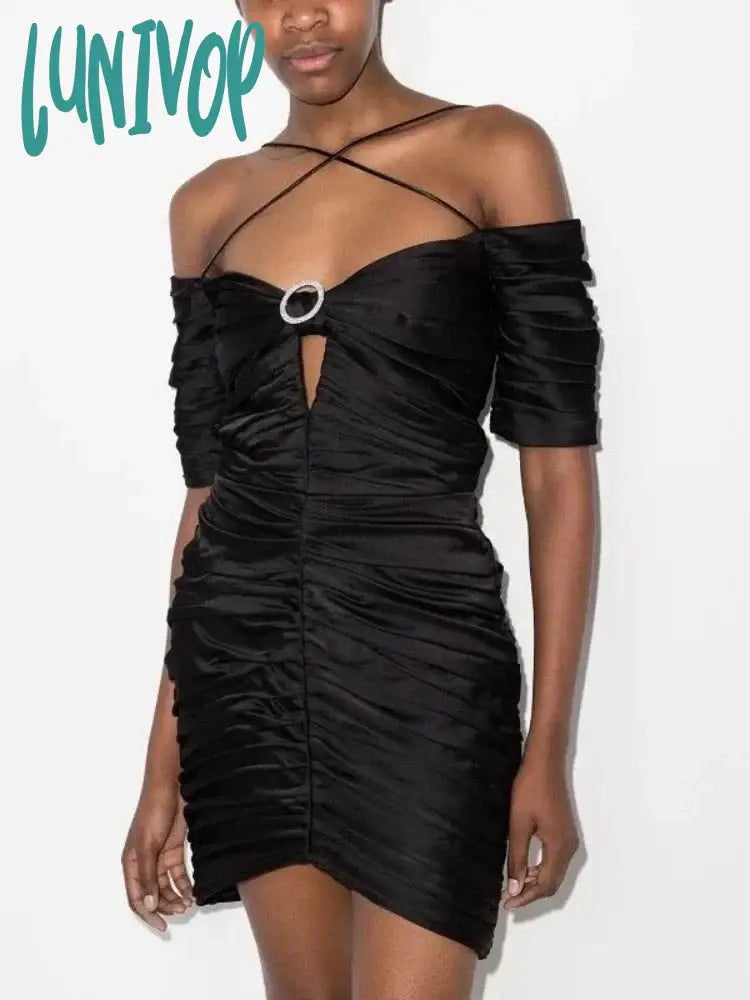 Lunivop Women Elegant High Quality Sexy Off The Shoulder Ruched Satin Short Sleeve Backless Cutout