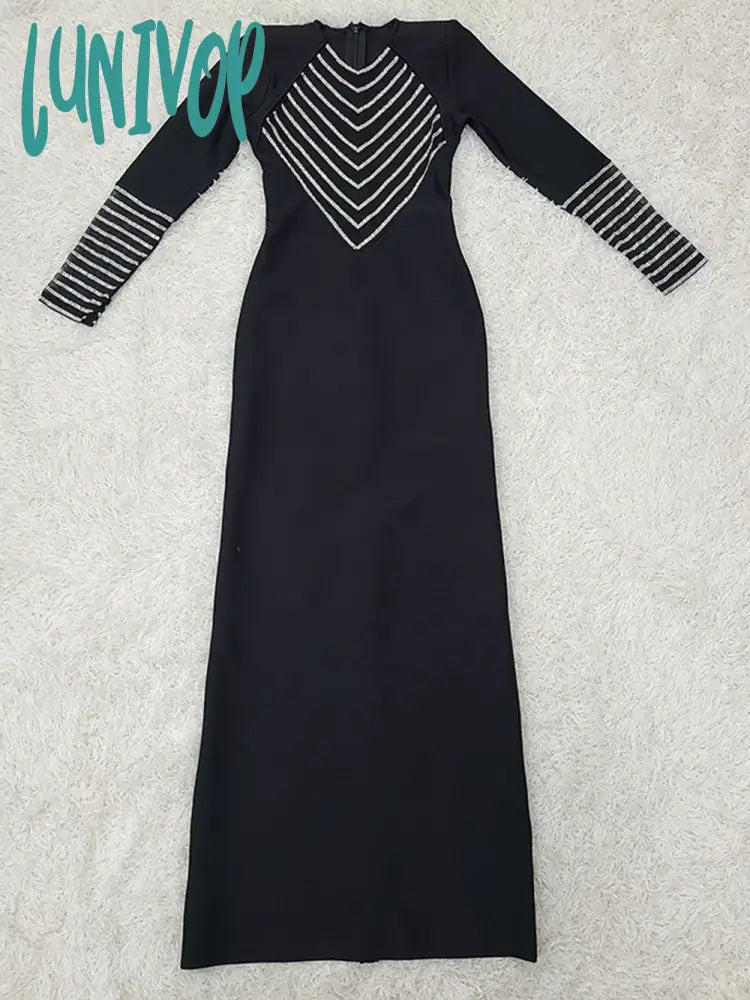 Lunivop Women Elegant Luxury Long Sleeve Mesh Patchwork Diamond Bodycon Bandage Dress Vestidos De