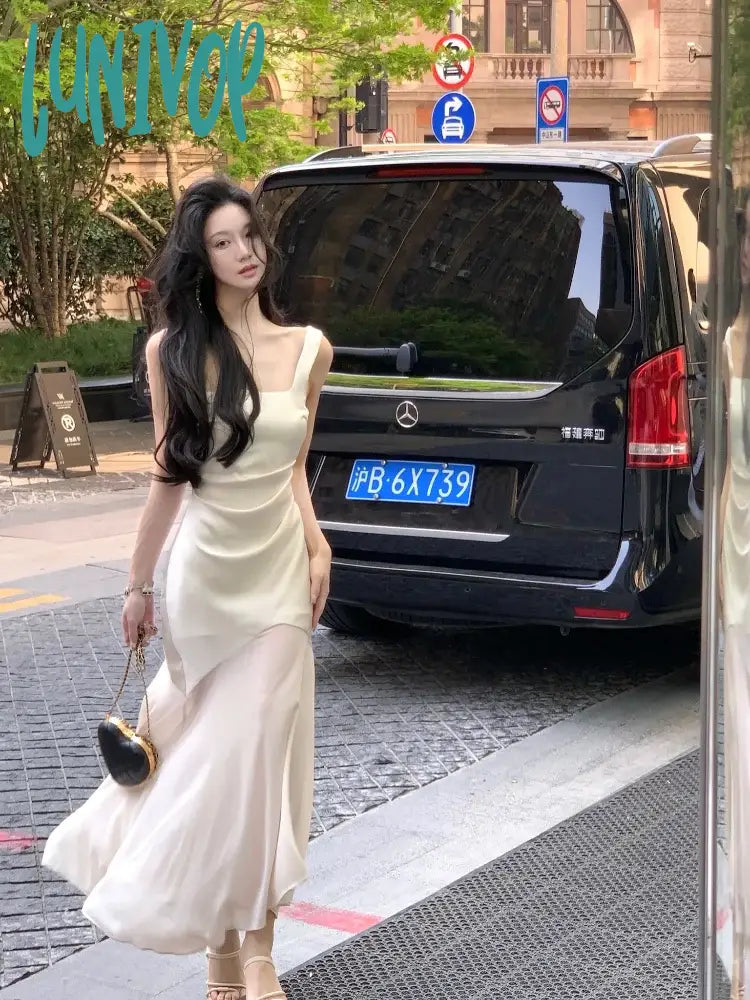 Lunivop Women Elegant Luxury Party Prom Midi Dress Summer Solid Irregular Mesh Straps Princess