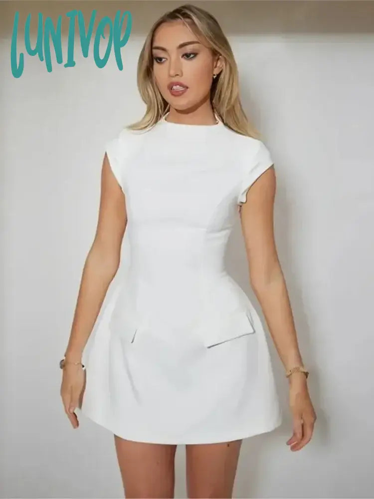 Lunivop Women Elegant Slim Solid Pockets Mini Dress Fashion O-Neck Short Sleeve A-Line Dresses