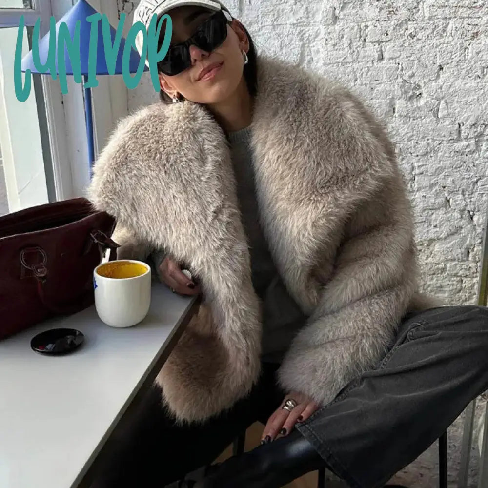 Lunivop Women Elegant Solid Thicken Faux Furry Coat Chic Lapel Long Sleeve Single Breasted Warm