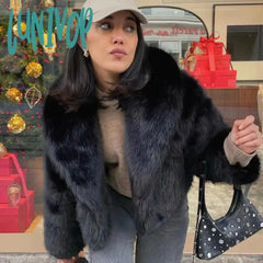 Lunivop Women Elegant Solid Thicken Faux Furry Coat Chic Lapel Long Sleeve Single Breasted Warm