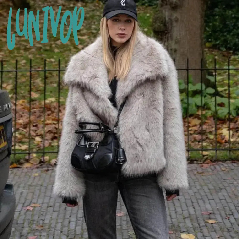 Lunivop Women Elegant Solid Thicken Faux Furry Coat Chic Lapel Long Sleeve Single Breasted Warm