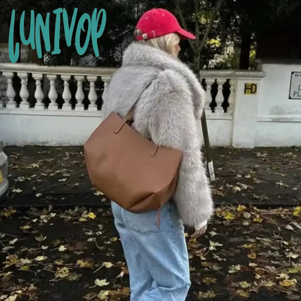 Lunivop Women Elegant Solid Thicken Faux Furry Coat Chic Lapel Long Sleeve Single Breasted Warm