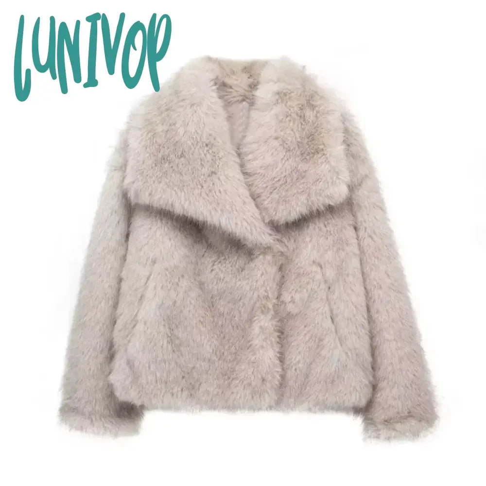 Lunivop Women Elegant Solid Thicken Faux Furry Coat Chic Lapel Long Sleeve Single Breasted Warm