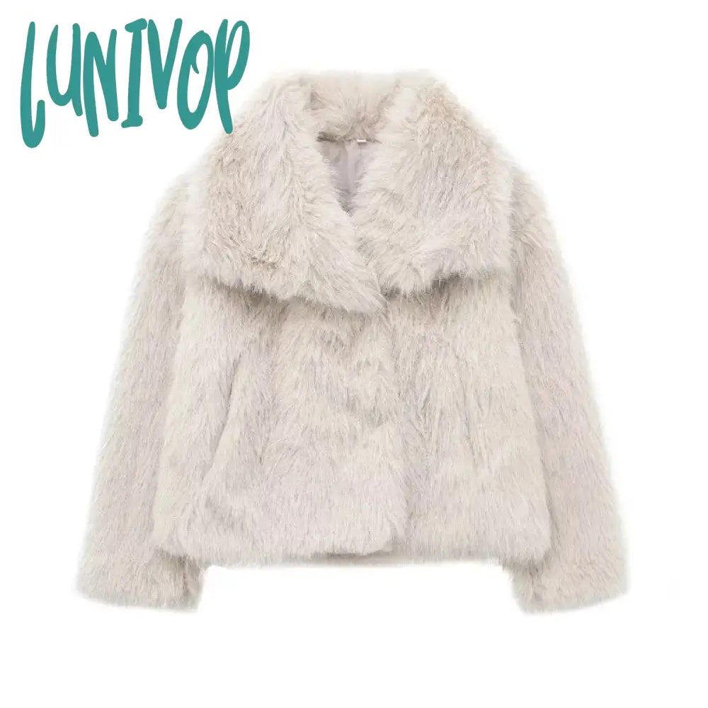 Lunivop Women Elegant Solid Thicken Faux Furry Coat Chic Lapel Long Sleeve Single Breasted Warm
