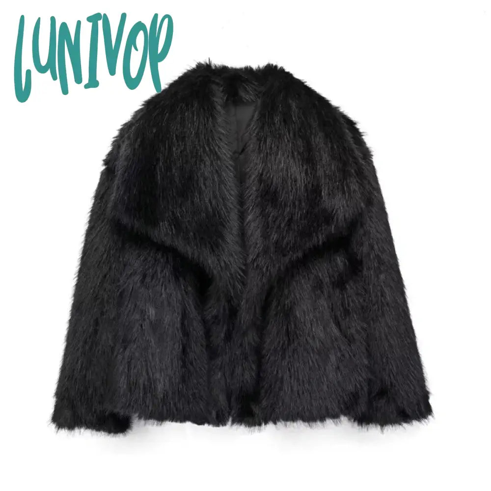 Lunivop Women Elegant Solid Thicken Faux Furry Coat Chic Lapel Long Sleeve Single Breasted Warm