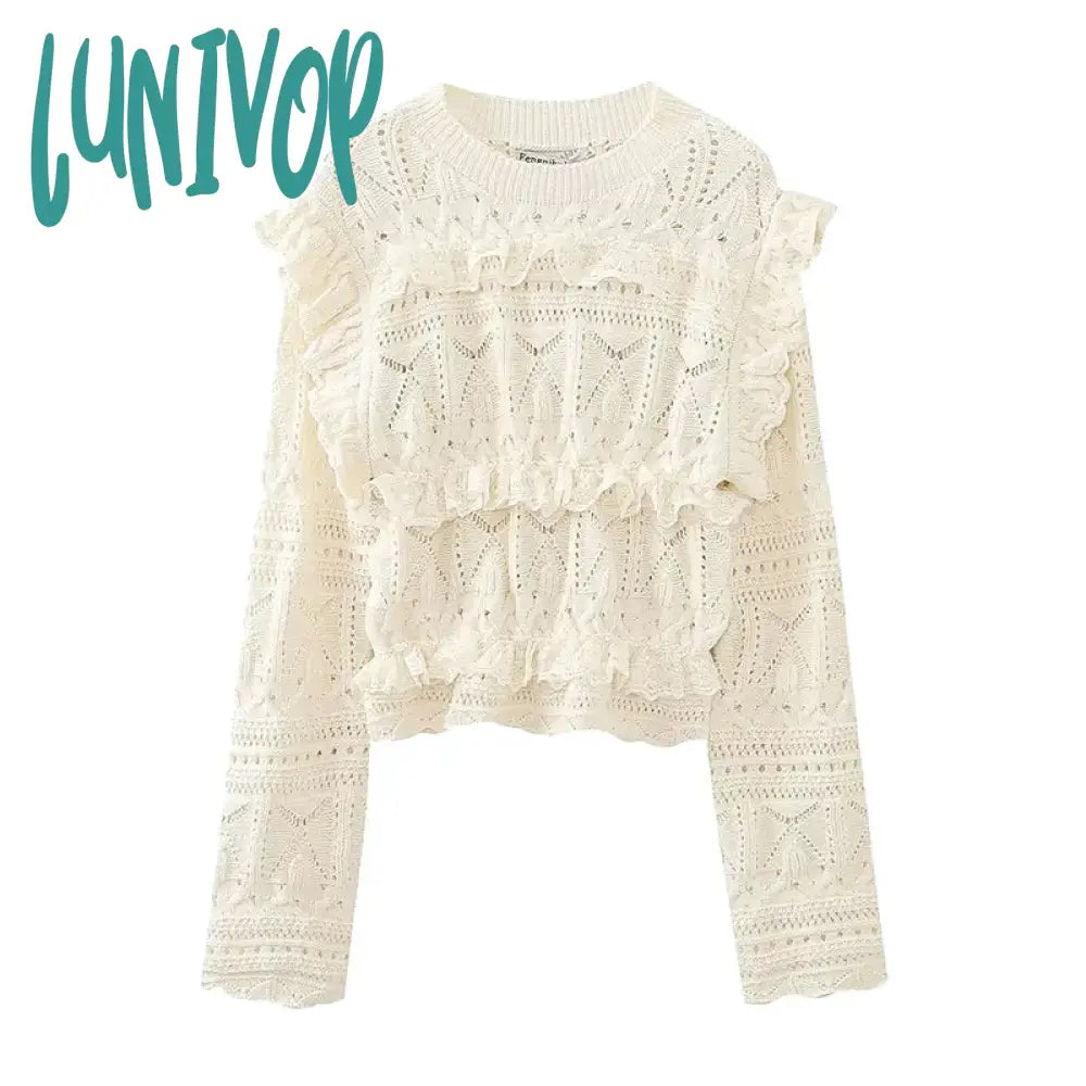 Lunivop Women Elegant Waveselvedge Hollow Out Mini Sweater Fashion Round Neck Long Sleeved Crop Top