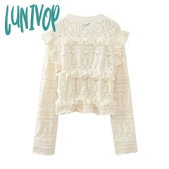 Lunivop Women Elegant Waveselvedge Hollow Out Mini Sweater Fashion Round Neck Long Sleeved Crop Top