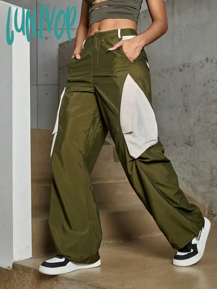 Lunivop Women Fashion Cargo Pants Street Colorblock Flap Pocket Side Baggy Parachute Trousers