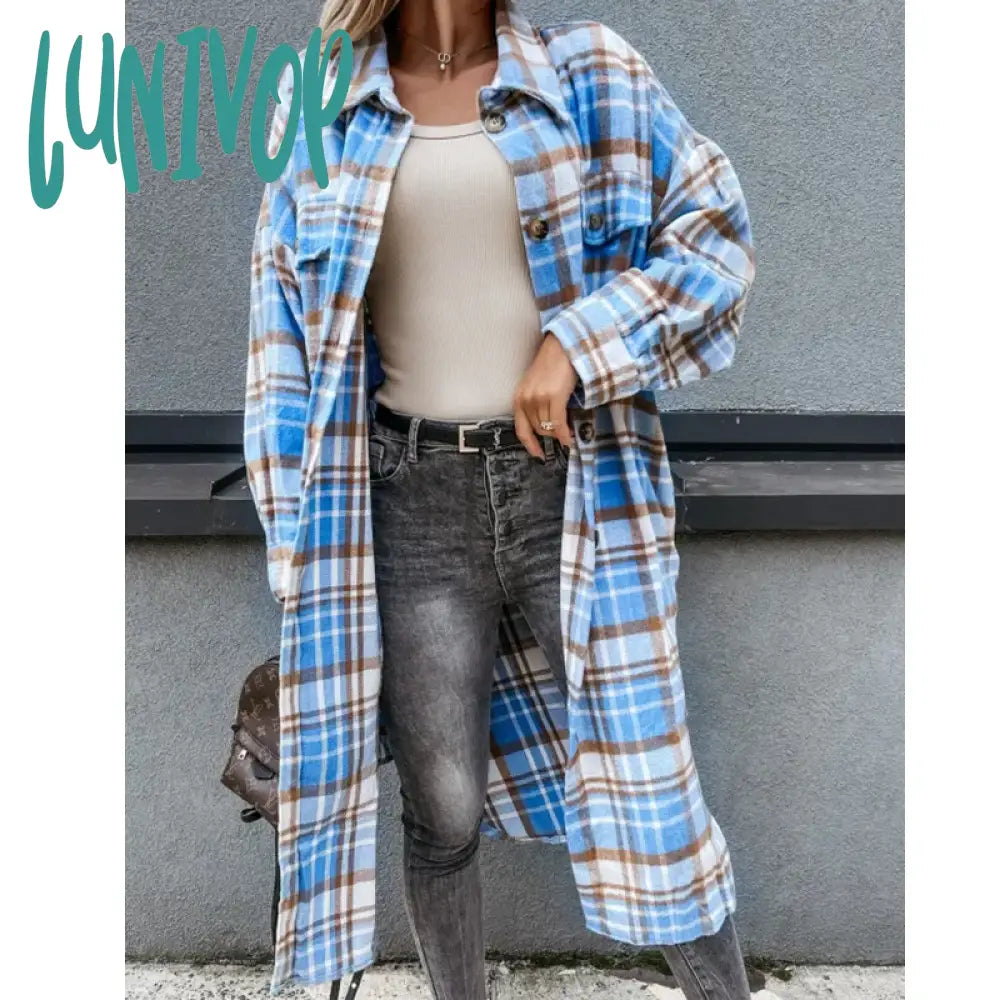 Lunivop Women Fashion Checked Shirt Coats Autumn Winter Woolen Blends Warm Long Plaid Female