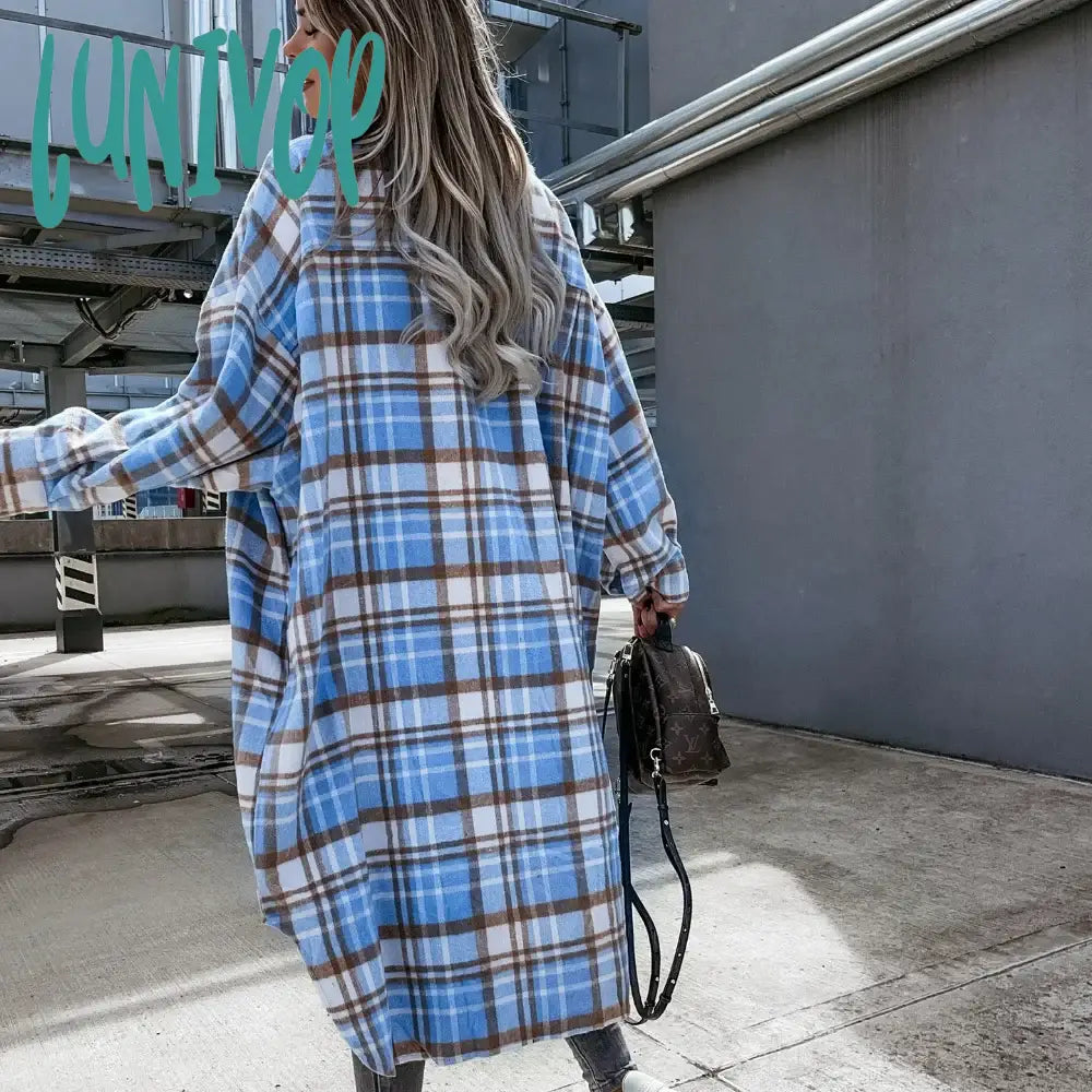 Lunivop Women Fashion Checked Shirt Coats Autumn Winter Woolen Blends Warm Long Plaid Female