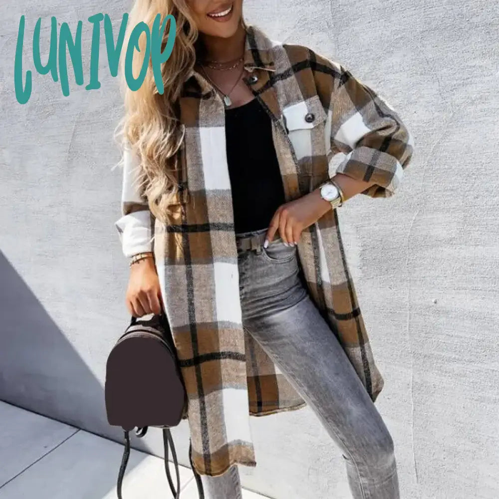 Lunivop Women Fashion Checked Shirt Coats Autumn Winter Woolen Blends Warm Long Plaid Female