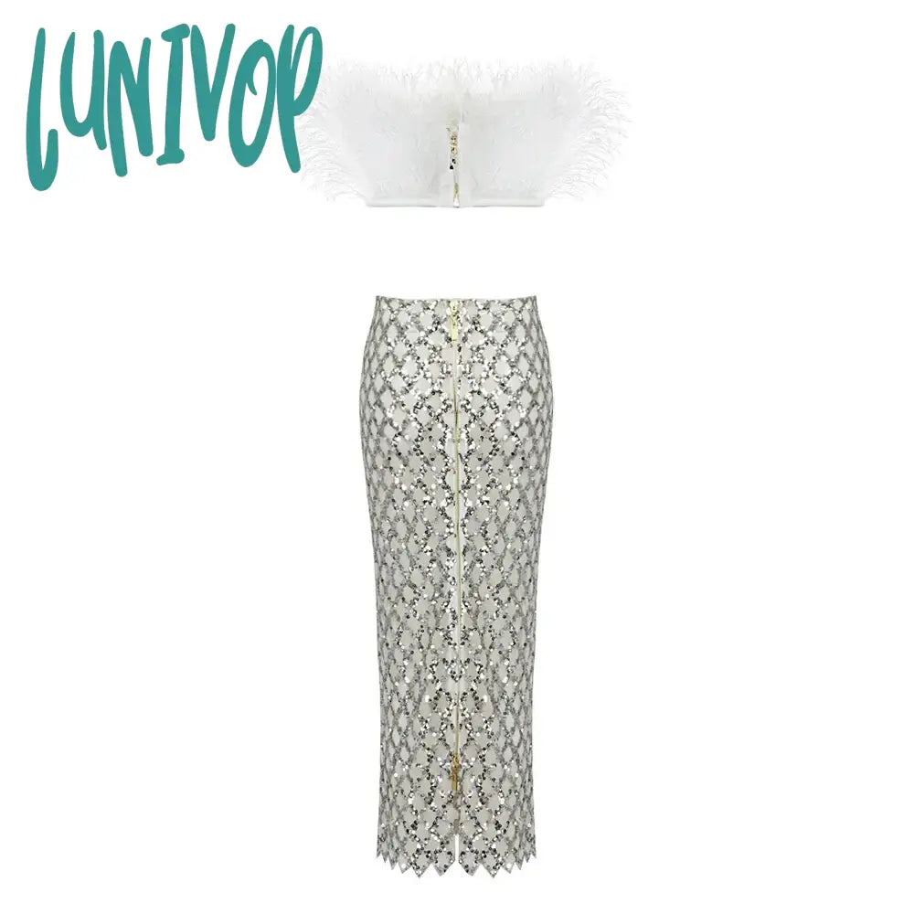 Lunivop Women Fashion Clothes New Elegant Two Pieces Sets Sexy Feathers Tops & Skirt Casual