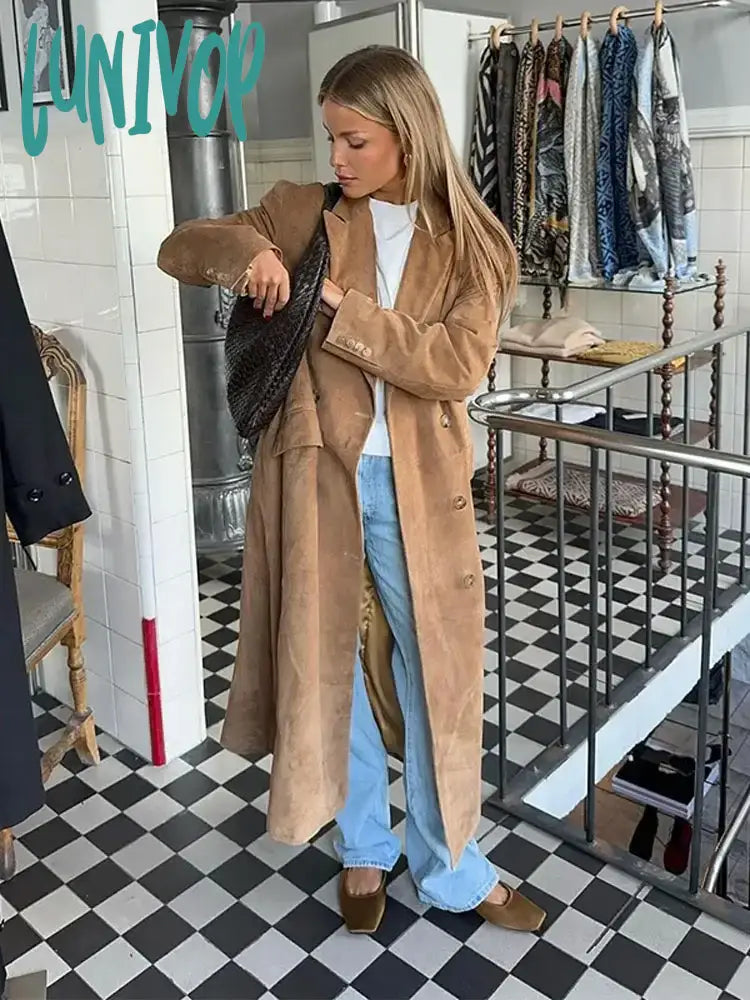 Lunivop Women Fashion Elegant Solid Long Coat Casual Lapel Full Sleeves Single Breasted Overcoats