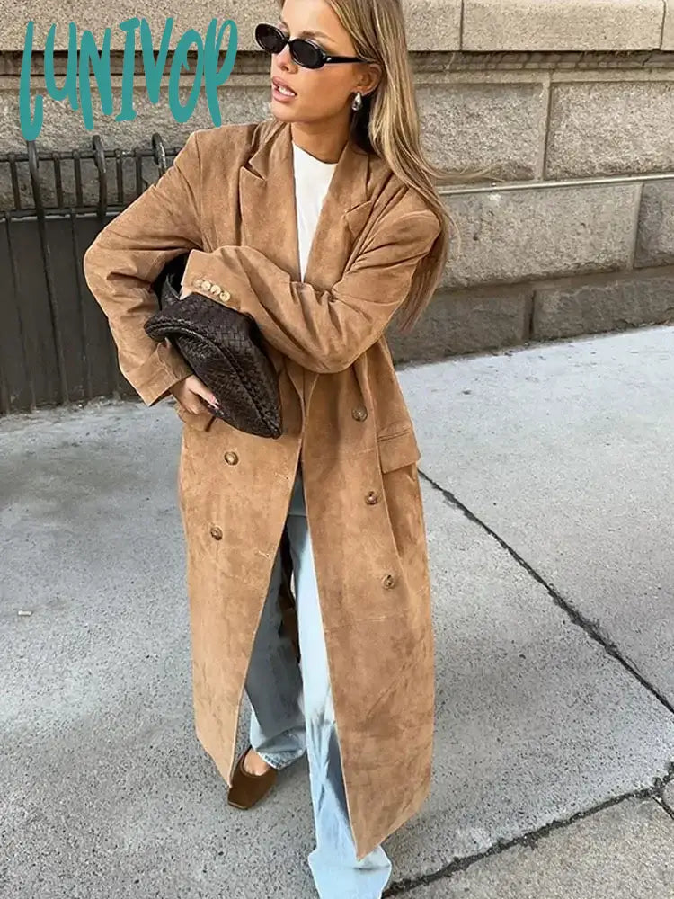 Lunivop Women Fashion Elegant Solid Long Coat Casual Lapel Full Sleeves Single Breasted Overcoats