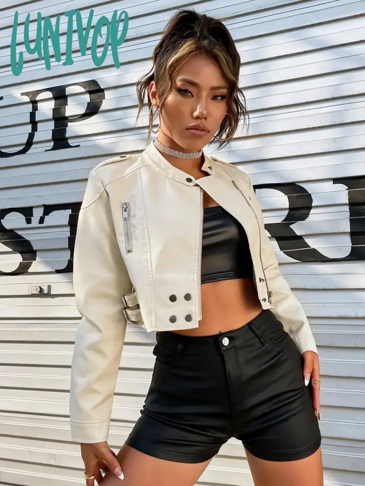 Lunivop Women Fashion Pu Leather Moto Jacket Spring And Autumn Buckled Strap Zip Detail Solid Crop