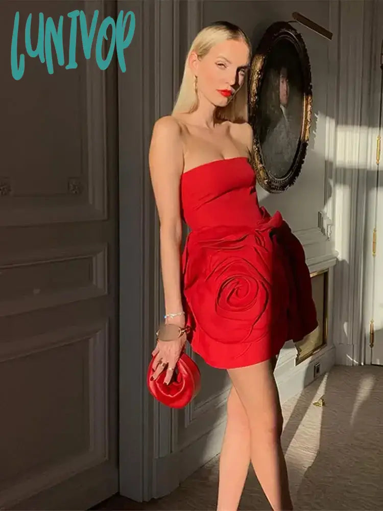 Lunivop Women Fashion Red Flower Strapless Mini Dress Chic Backless Sleeveless Bodycon Elegant