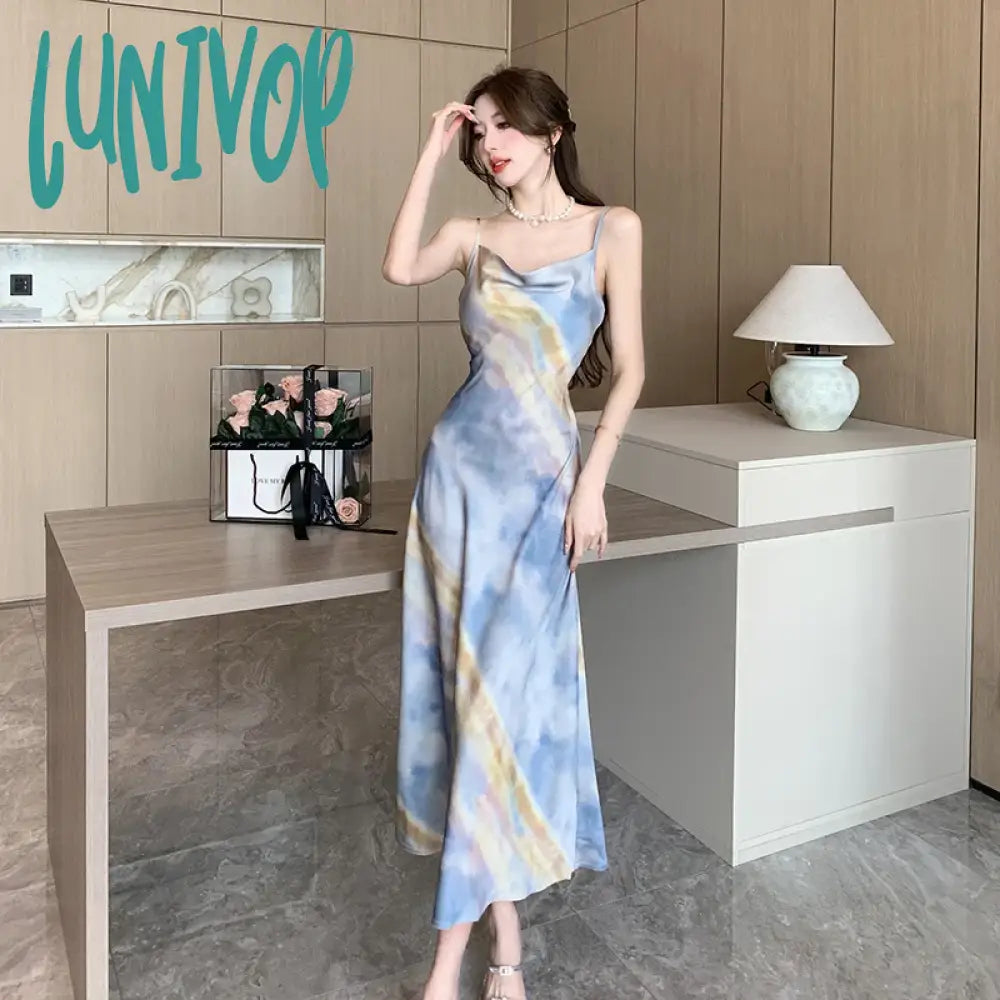 Lunivop Women French Fashion Print Spaghetti Straps Midi Dress Summer Elegant Slim A-Line Dresses