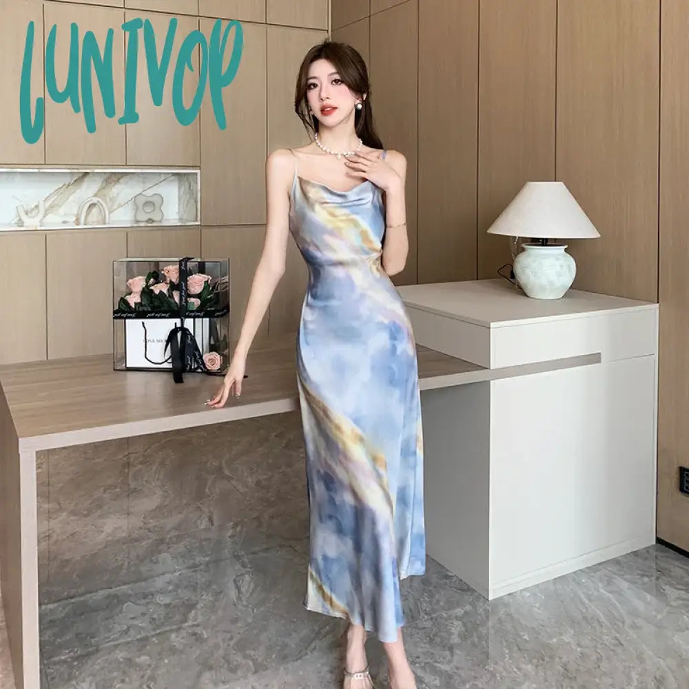 Lunivop Women French Fashion Print Spaghetti Straps Midi Dress Summer Elegant Slim A-Line Dresses