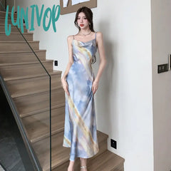 Lunivop Women French Fashion Print Spaghetti Straps Midi Dress Summer Elegant Slim A-Line Dresses