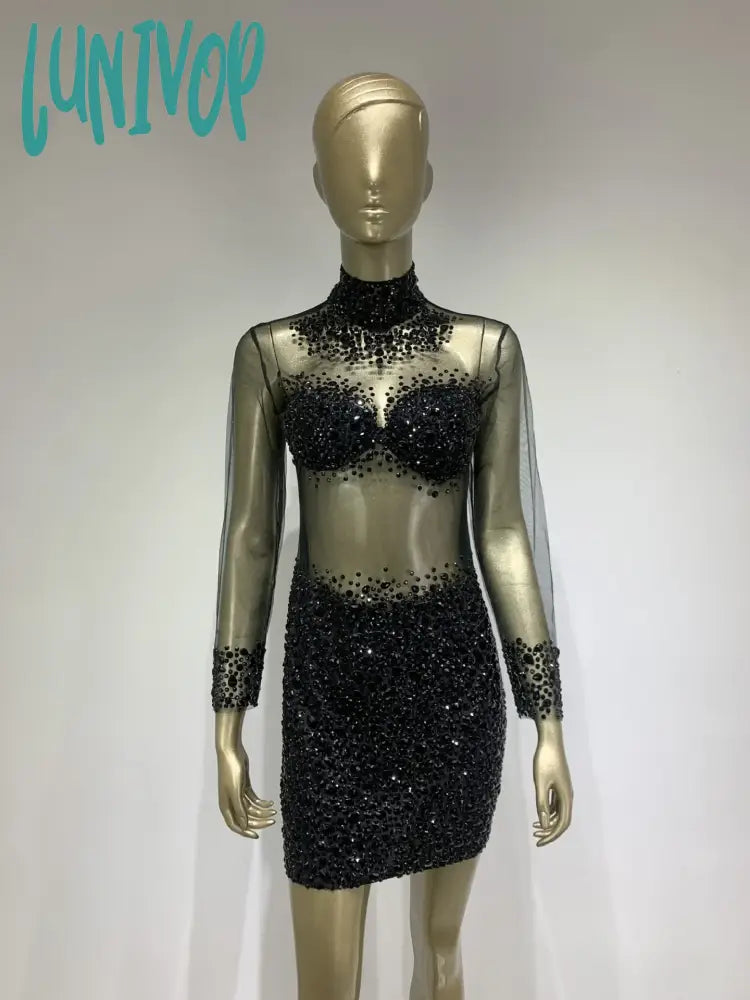 Lunivop Women Luxury Long Sleeve Mesh Crystal Beading Mini Dress Birthday Party Costume Bar