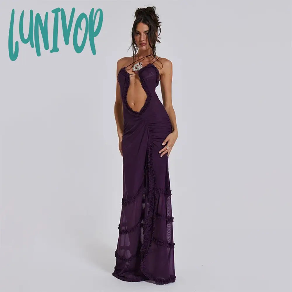 Lunivop Women Noble Furry Halter Sleeveless Hollow Dress Camisole Shrunk Split Wave Cut Luxury Prom