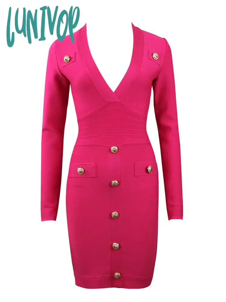 Lunivop Women Sexy Long Sleeve V Neck Hot Pink Orange Button Winter Bodycon Bandage Dress Elegant