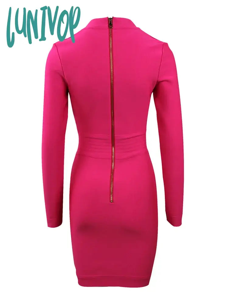 Lunivop Women Sexy Long Sleeve V Neck Hot Pink Orange Button Winter Bodycon Bandage Dress Elegant