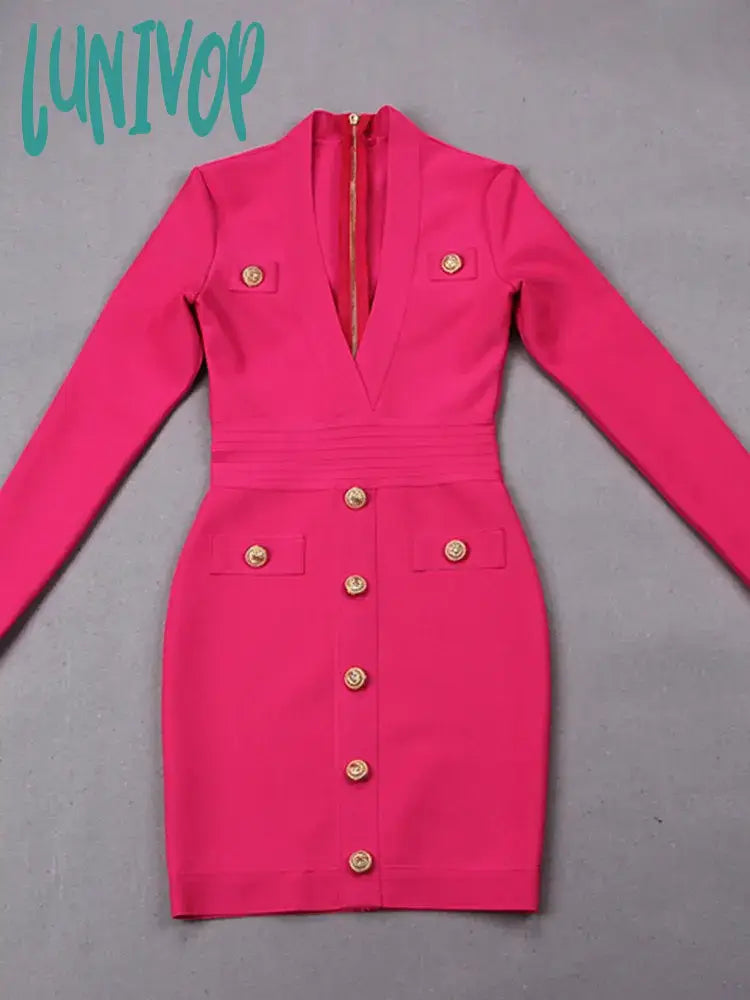 Lunivop Women Sexy Long Sleeve V Neck Hot Pink Orange Button Winter Bodycon Bandage Dress Elegant