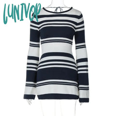 Lunivop Women Sexy Outfit Striped Pattern Crochet Elegant Bodycon Knitted Sweater Dress Open Back