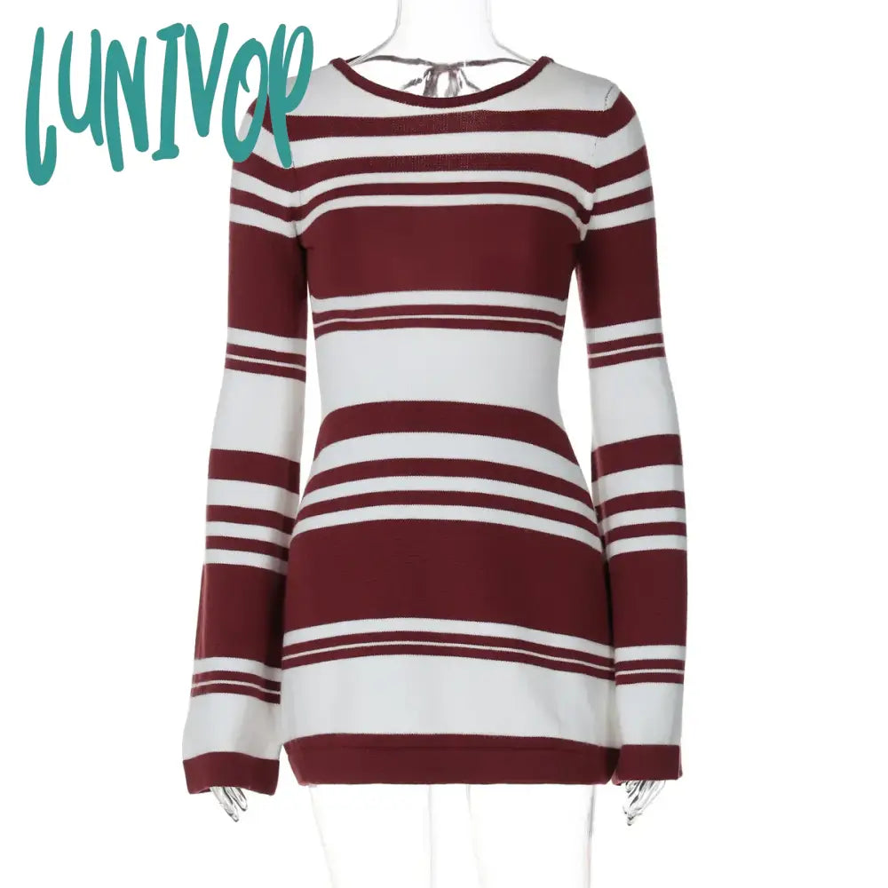 Lunivop Women Sexy Outfit Striped Pattern Crochet Elegant Bodycon Knitted Sweater Dress Open Back