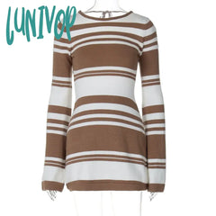 Lunivop Women Sexy Outfit Striped Pattern Crochet Elegant Bodycon Knitted Sweater Dress Open Back