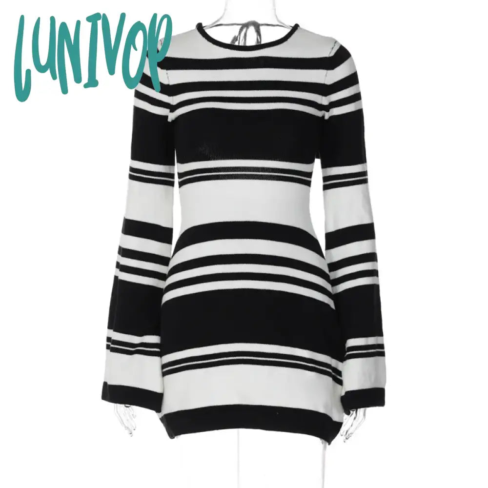 Lunivop Women Sexy Outfit Striped Pattern Crochet Elegant Bodycon Knitted Sweater Dress Open Back