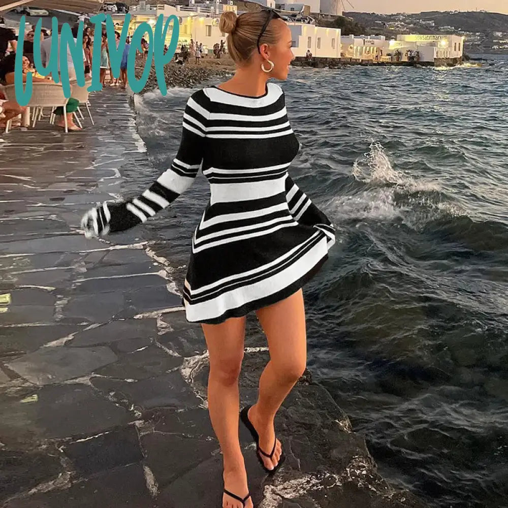 Lunivop Women Sexy Outfit Striped Pattern Crochet Elegant Bodycon Knitted Sweater Dress Open Back