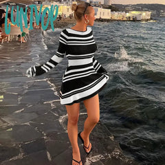 Lunivop Women Sexy Outfit Striped Pattern Crochet Elegant Bodycon Knitted Sweater Dress Open Back