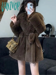 Lunivop Women Solid Elegant Turn Down Collar Faux Fur Coats Korean Fashion Sleeve Temperament Slim