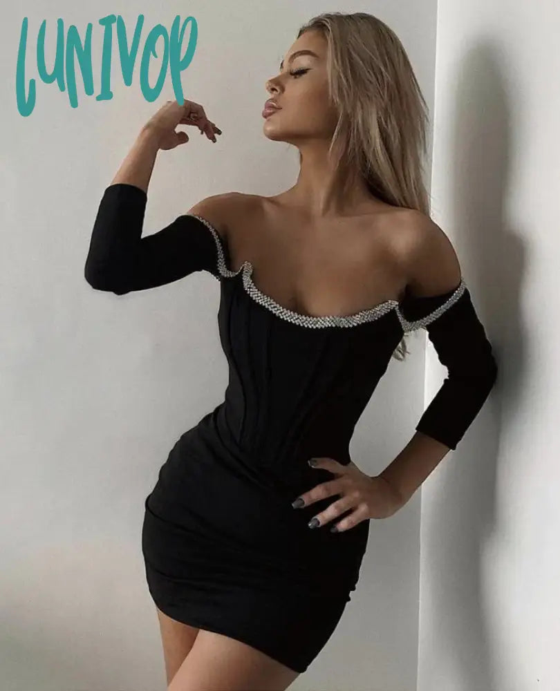 Lunivop Women Spring Sexy Off Shoulder Crystal Diamonds White Black Bodycon Corset Bandage Dress