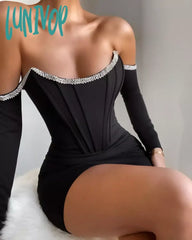 Lunivop Women Spring Sexy Off Shoulder Crystal Diamonds White Black Bodycon Corset Bandage Dress